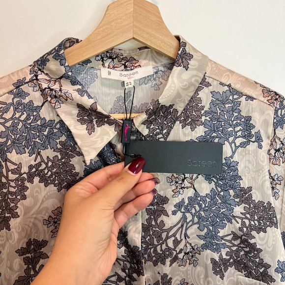 Tree Patterned Loose Silk Shirt - Beige - Picture 9 of 10